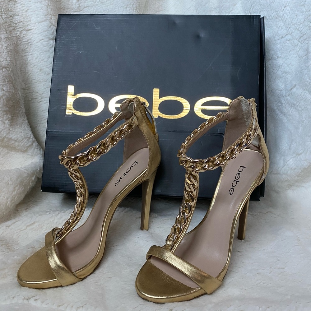 BEBE GOLD “SHIREEN” HEELS WITH GOLD CHAIN-LINK - Picture 3 of 11